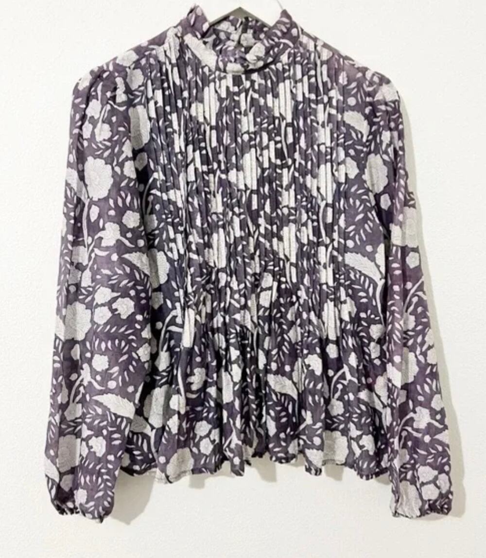 Oliphant Tuckernuck Blouse Slate Mulberry Floral Print Long Sleeve Cotton XS